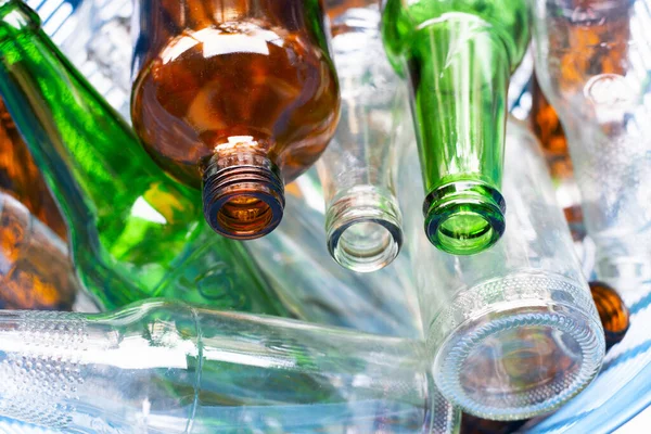 Glass Bottles Blue Waste Basket — Stock Photo, Image