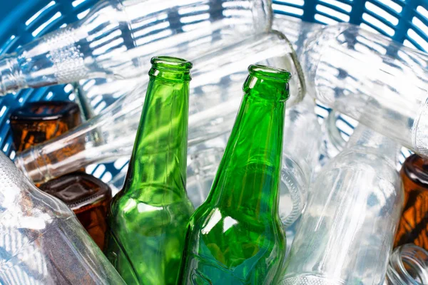 Glass Bottles Blue Waste Basket — Stock Photo, Image