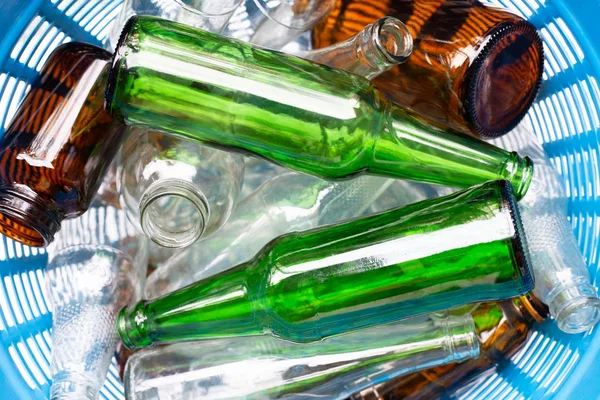 Glass Bottles Blue Waste Basket — Stock Photo, Image