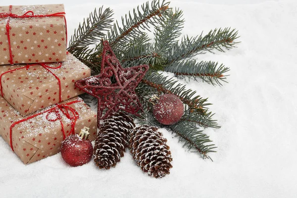 Natal Ainda Vida Com Caixas Presente Ramo Abeto Decorações Natal — Fotografia de Stock