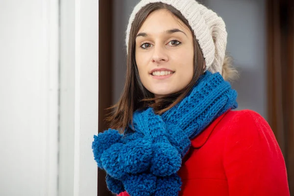 Een Jonge Vrouw Brunette Vrouw Met Een Vacht Een Winter — Stockfoto