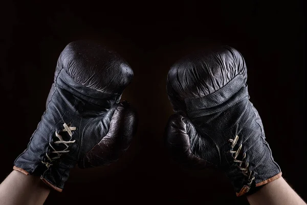 Raised Arms Athlete Dressed Leather Brown Boxing Gloves Close — Stock Photo, Image