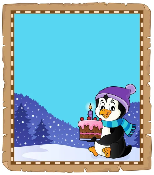 ペンギン保持ケーキテーマパーチメント2 画像イラスト — ストック写真