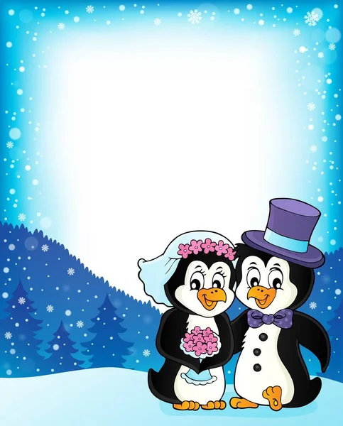 Marco Temático Boda Pingüinos Ilustración Imágenes — Foto de Stock