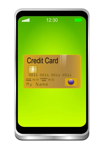 緑のデスクトップ上のクレジットカードでスマートフォン 3Dイラスト — ストック写真
