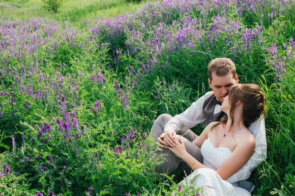 Gelin Damat Bir Lavanta Arka Plan Üzerinde Dinlenme Portresi — Stok fotoğraf