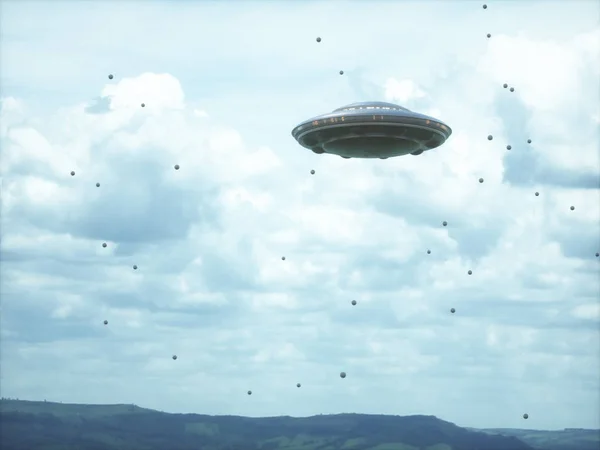 Unbekanntes Flugobjekt Wolkenverhangenen Himmel Mit Seltsamen Kugeln — Stockfoto