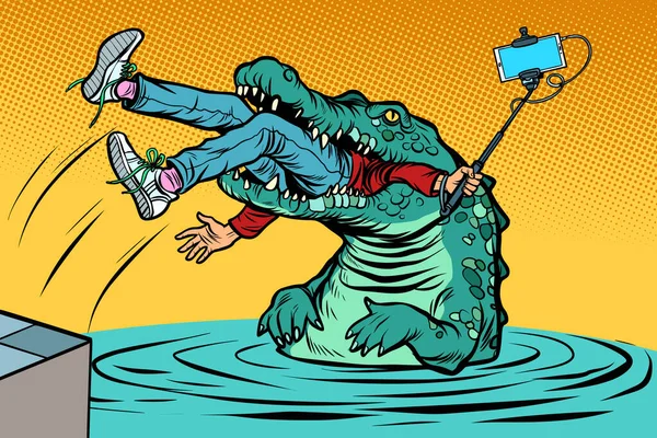 Krokodil Aangevallen Een Man Gevaarlijke Selfie Strip Cartoon Popart Retro — Stockfoto