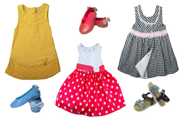 Ovanifrån Barn Flicka Uppsättning Kläder Collage Kläder Kläder Kjolar Och — Stockfoto