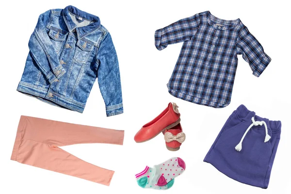 Ovanifrån Barn Flicka Uppsättning Kläder Collage Kläder Kläder Kjolar Sneaker — Stockfoto