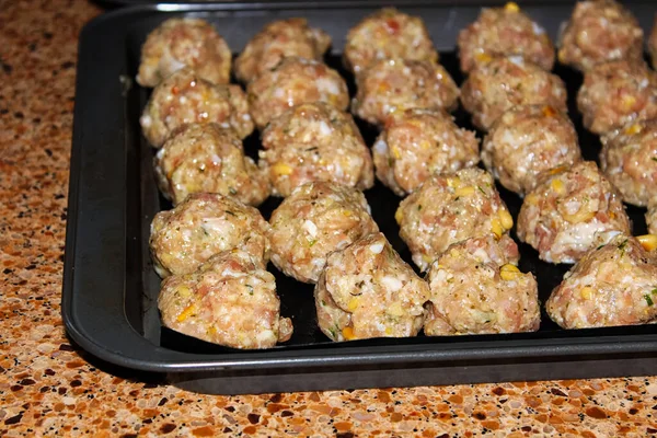 View Raw Turkey Pine Nut Meatballs Cookie Sheets — Stock Photo, Image