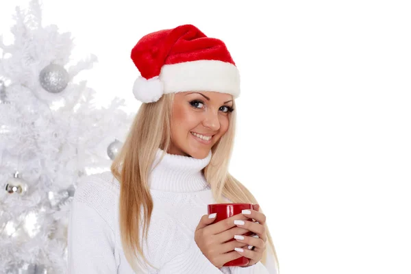 Jeune Femme Bonnet Père Noël Avec Coupe Rouge Tient Près — Photo