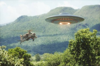 Military helicopter intercepting an unidentified flying object. Concept image of non-pacific invasion of beings from other planets. clipart