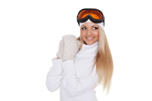Jovem Mulher Feliz Inverno Roupas Quentes Copos Esqui Fica Fundo — Fotografia de Stock