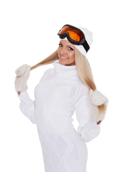 Jeune Femme Heureuse Hiver Vêtements Chauds Lunettes Ski Tient Sur — Photo