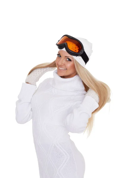 Jeune Femme Heureuse Hiver Vêtements Chauds Lunettes Ski Tient Sur — Photo