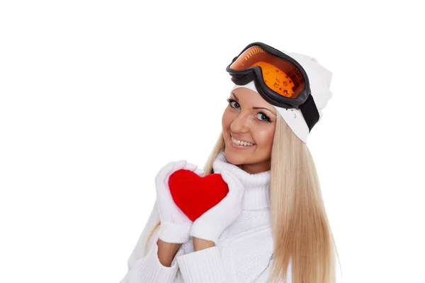 Jeune Femme Vêtements Hiver Lunettes Ski Tient Dans Les Mains — Photo