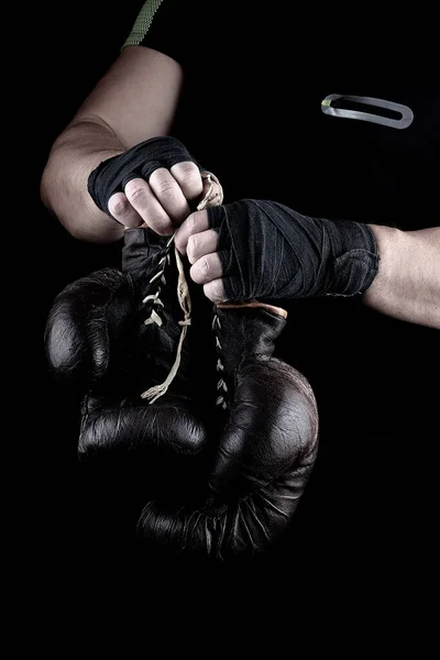 Pair Very Old Boxing Sports Gloves Men Hands Rewound Black — Stock Photo, Image