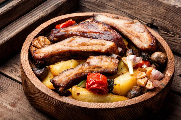 Costilla Cerdo Barbacoa Parrilla Placa Madera Pareribs Bbq Carne — Foto de Stock