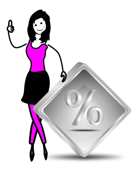 Kvinnliga Stick Figur Med Silver Rabatt Knappen Illustration — Stockfoto