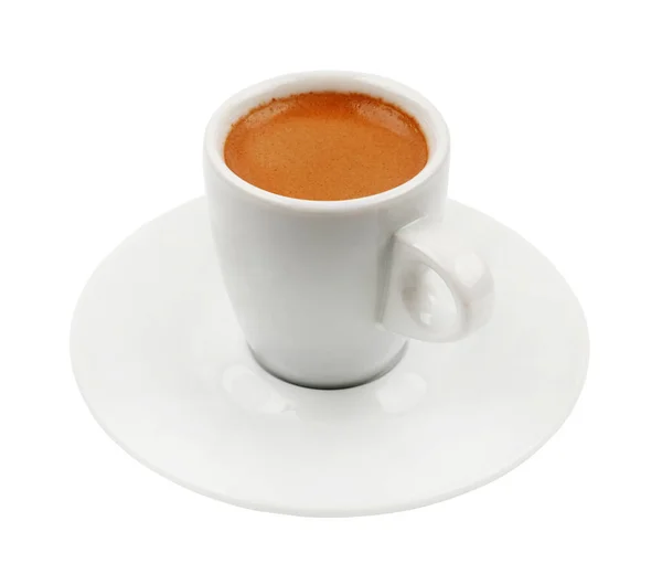 Λευκό Κύπελλο Γεμάτο Καφέ Espresso Καφέ Crema Πιατάκι Απομονώνονται Λευκό — Φωτογραφία Αρχείου