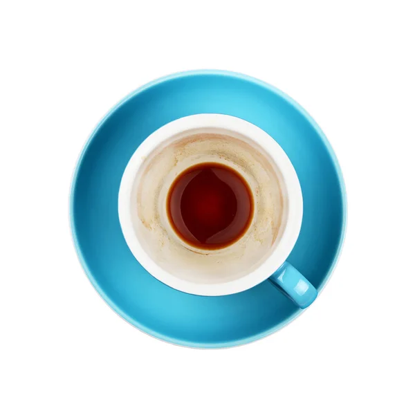 Detailní Záběr Prázdný Šálek Černé Espresso Kávy Modrý Talíř Izolovaných — Stock fotografie