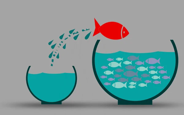 Fish in fishbowl jumps to his friends, 3D rendering