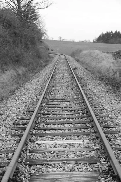 Railway Tracks Run Straight Away Viewer Picture Developed Black White — 스톡 사진