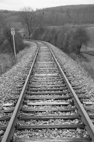Trilhas Ferroviárias Correm Imediatamente Espectador Imagem Foi Desenvolvida Preto Branco — Fotografia de Stock