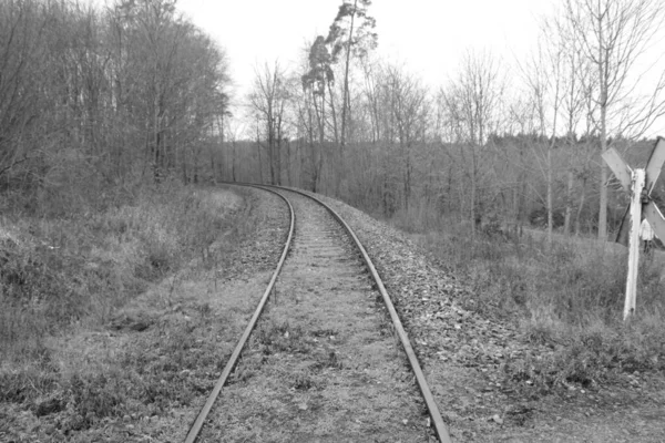 Les Voies Ferrées Éloignent Immédiatement Spectateur Image Été Développée Noir — Photo