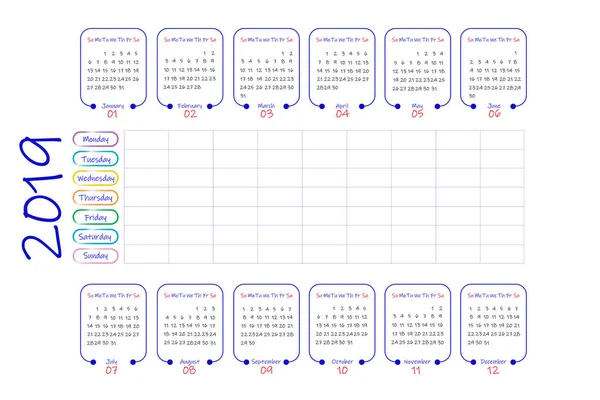 2019 Year Calendar Labels Divided Half Year Weekly Planner Middle — Stockfoto