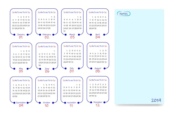 Calendario Del Año 2019 Comienzo Semana Domingo Doce Hojas Con —  Fotos de Stock