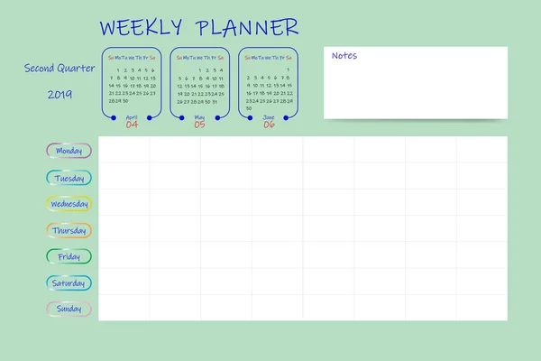 Kalender Für Das Zweite Quartal 2019 Jahr Mit Wochenplaner Diagramm — Stockfoto