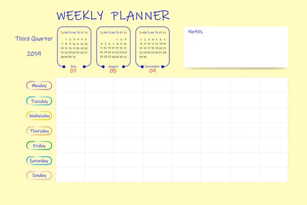 Kalender Für Das Dritte Quartal 2019 Mit Wochenplaner Diagramm Und — Stockfoto