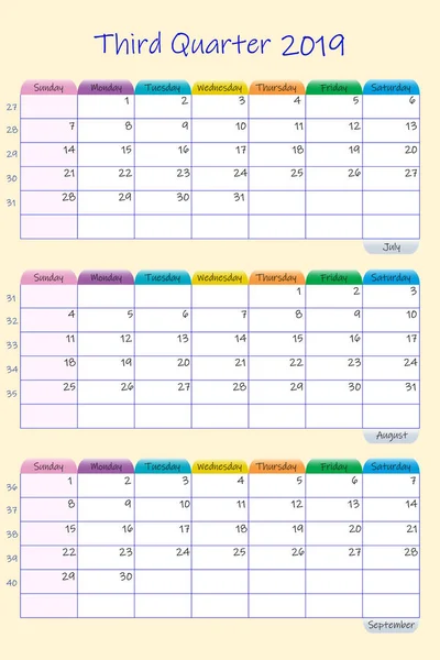 Calendário Vertical Para Terceiro Trimestre 2019 Ano Com Gráfico Semanal — Fotografia de Stock