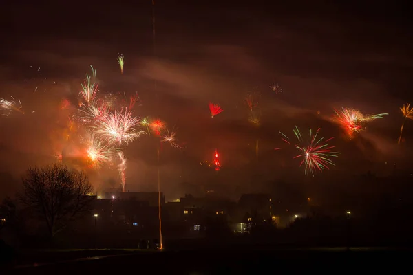Fogos Artifício Ano Novo Meia Noite 2019 — Fotografia de Stock