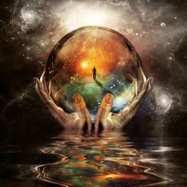 Crystal ball in hands of God. Endless space clipart