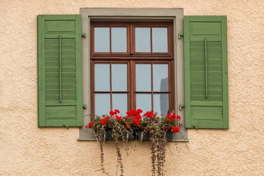 Window with green shutters and a flower box with red flowers clipart