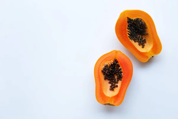 Fehér Alapon Papaya Gyümölcs Szelet Másolja Hely — Stock Fotó