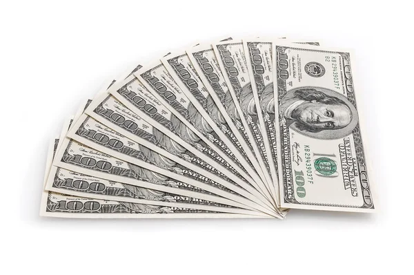 Beyaz Arka Planda 100 Dolarlık Banknotların Hayranı — Stok fotoğraf