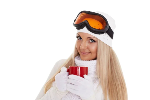 Mujer Joven Con Gafas Esquí Ropa Abrigada Invierno Con Copas —  Fotos de Stock