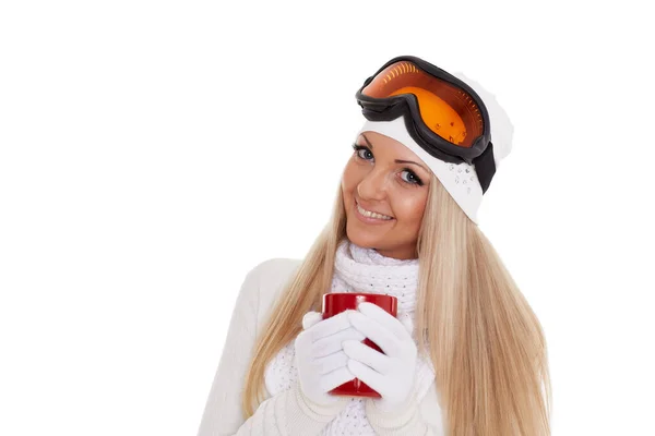 Mujer Joven Con Gafas Esquí Ropa Abrigada Invierno Con Copas —  Fotos de Stock