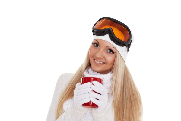 Mujer Joven Con Gafas Esquí Ropa Abrigada Invierno Con Copas —  Fotos de Stock