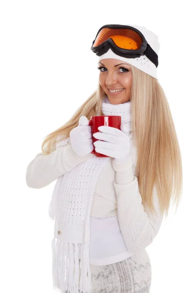 Young Woman Ski Glasses Winter Warm Clothes Red Cup Stands — Stock Photo, Image