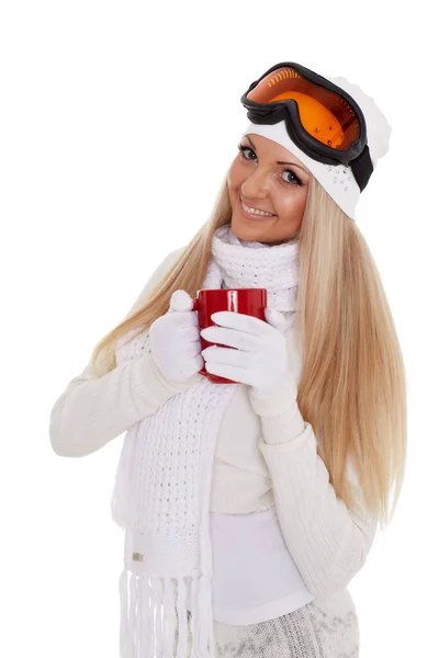 Young Woman Ski Glasses Winter Warm Clothes Red Cup Stands — Stock Photo, Image