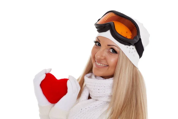 Young Woman Winter Clothes Ski Glasses Holds Hands Red Heart — Stock Photo, Image