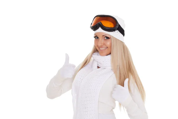 Молода Щаслива Жінка Зимовому Теплому Одязі Лижних Окулярах Стоїть Білому — стокове фото