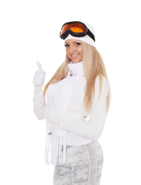 Joven Mujer Feliz Con Ropa Caliente Invierno Gafas Esquí Apoya —  Fotos de Stock
