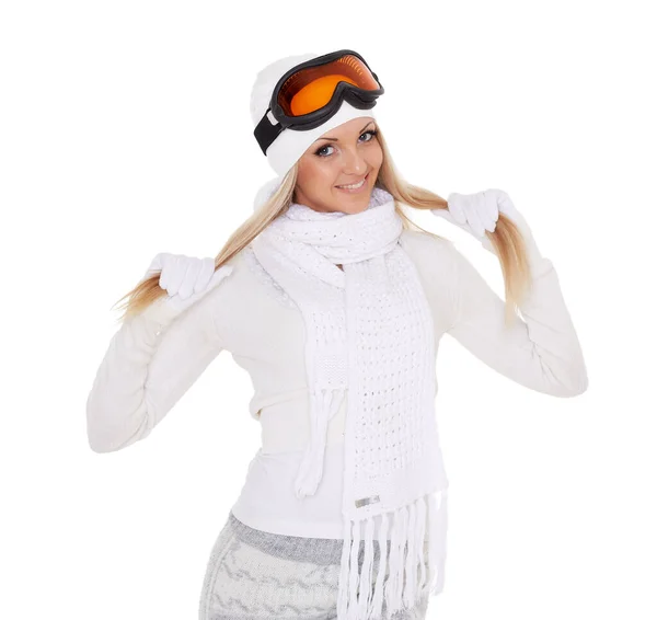 Jeune Femme Heureuse Hiver Vêtements Chauds Lunettes Ski Tient Sur — Photo