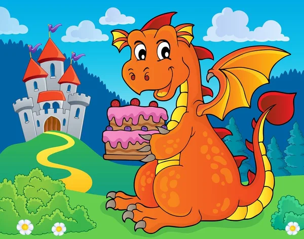 Dragon Holding Torta Tema Immagine Illustrazione Immagine — Foto Stock